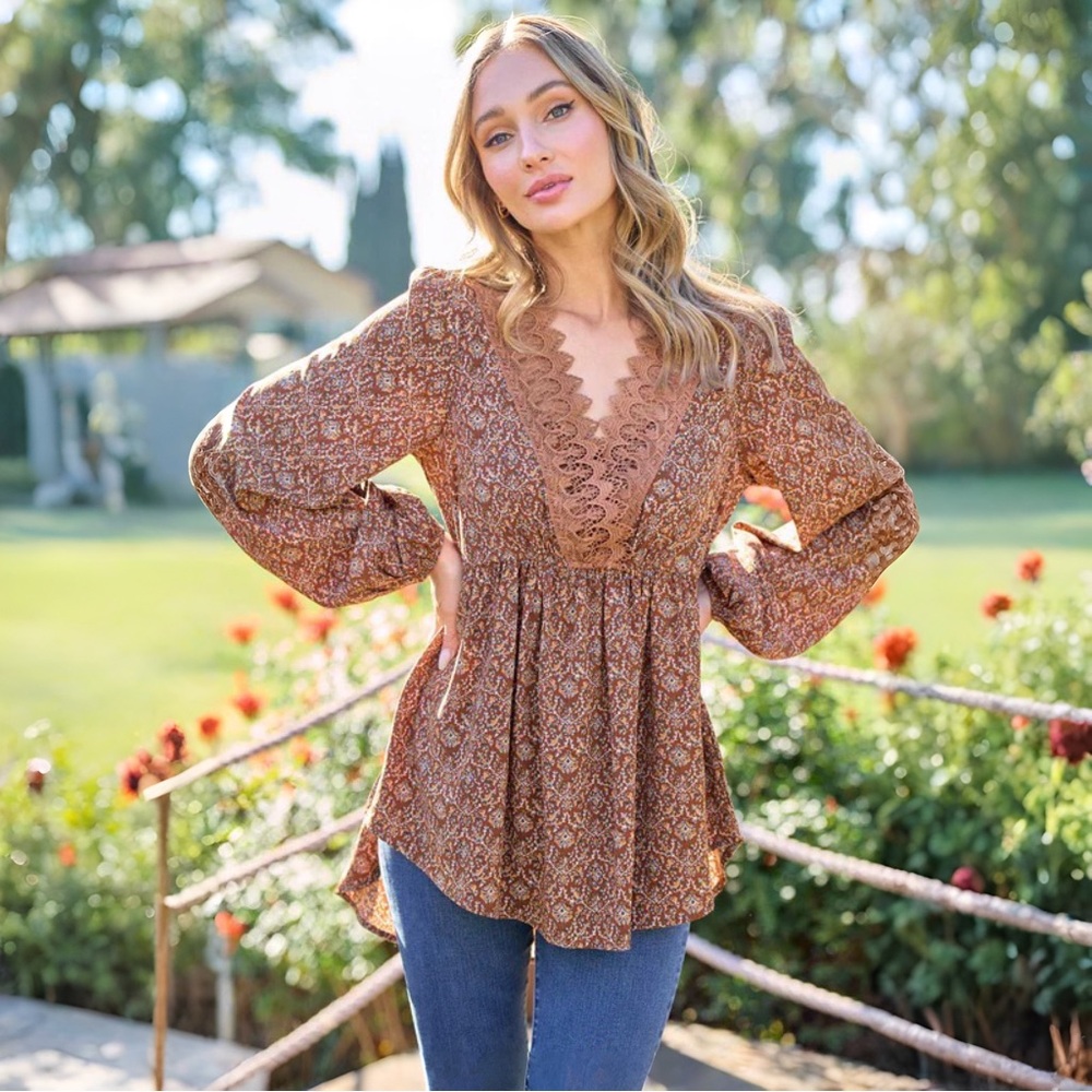 Hailey & Co Paisley Lace V-Neck Babydoll Brown Top Sz S